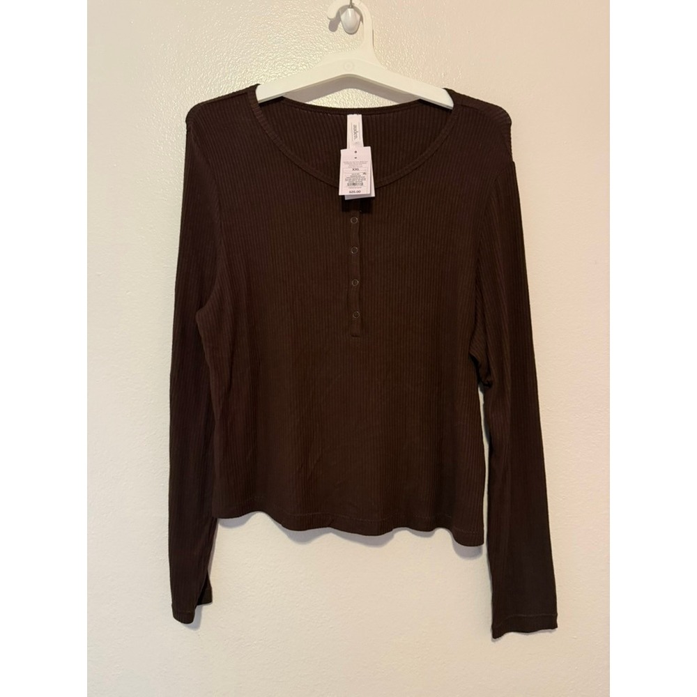 Auden Womens Brown Ribbed Henley Long Sleeve Pajama Top XXL New - Picture 1 of 3